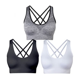 NAKQU Damen Sport BH Set Ohne Bügel Kreuz Rücken Yoga Bustier Gepolsterter 3er Pack, Schwarz, Weiß, Grau, M - 1
