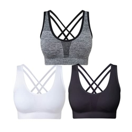 SEGRILA Damen Sport BH Set Ohne Bügel Kreuz Rücken Yoga Bustier Gepolsterter (Schwarz,Weiß,Grau M) - 1